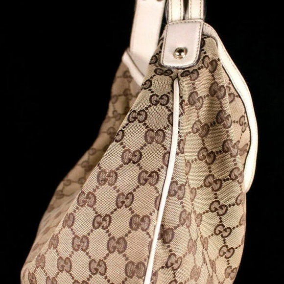 •Authentic•GUCCI Beige & Ebony Logo Canvas Ecru Leather WAVE Horsebit Hobo Bag - Picture 2 of 11